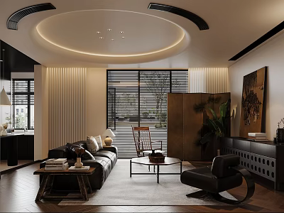 Modern Living Room Interior With Circular Ceiling Design Shutter Windows Black Sofa And Green Plant 3d model