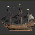 Vintage Sailing Ship Model with Wooden Hull Multiple Masts Detailed Sails and Dark Background Reflection