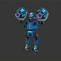 Blue Futuristic Robot With Spherical Arms And Purple Glowing Mechanical Parts