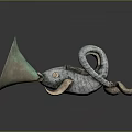 Antique Bronze Fish Shaped Horn Instrument With Green Patina And Scale Texture
