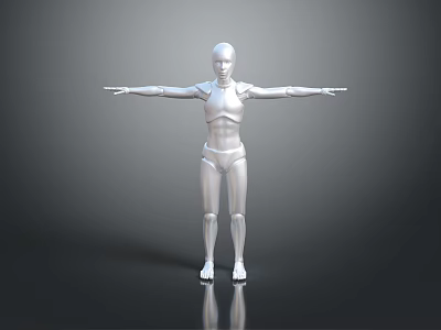 Game and Movie Silver Robot Character in Standing Pose with Arms Outstretched on Reflective Floor 3d model