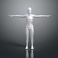 Game and Movie Silver Robot Character in Standing Pose with Arms Outstretched on Reflective Floor