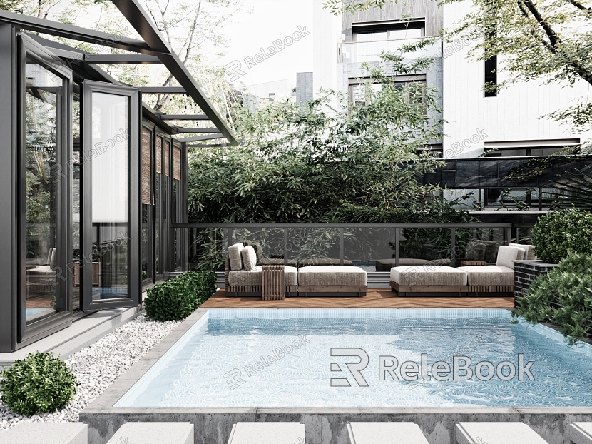 Balcony Courtyard Garden Yard Home Swimming Pool Lounger Sunshine Room Glass Room Green Plant Landscape model