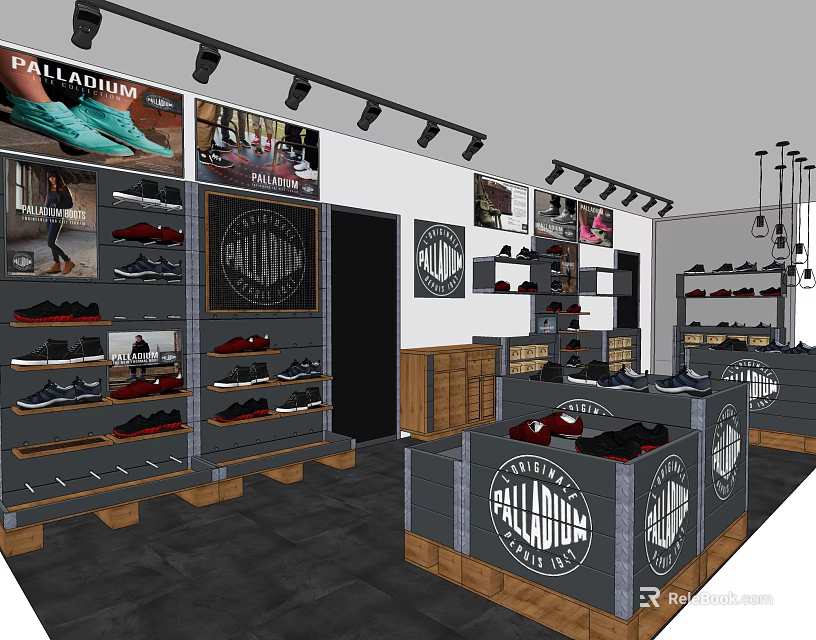 Shoe Store Interior with Various Shoes on Display Shelves and Wall Posters 3d model 