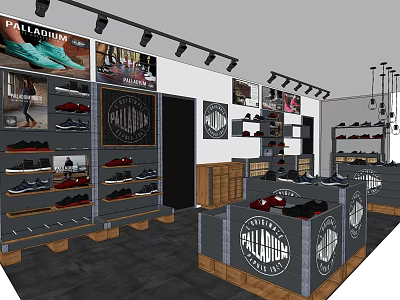 Shoe Store Interior with Various Shoes on Display Shelves and Wall Posters 3d model