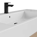 Wash Basin Cabinet with Light Wooden Drawer Black Handle Open Shelf White Countertop Black Faucet