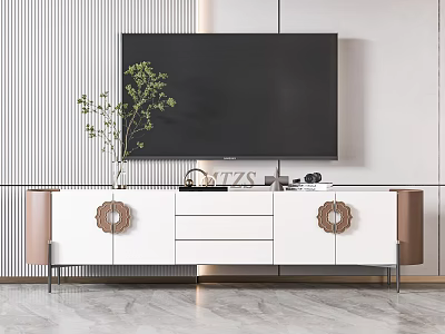Modern TV Stand With White And Brown Design Circular Decorations TV Plant And Ornaments 3d model