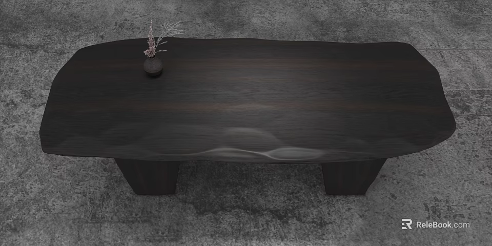 Dark Wooden Coffee Table With Wavy Surface And Decorative Vase Design 3d model