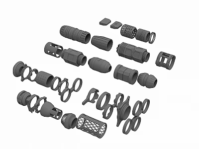 Various Black Mechanical Parts Including Connectors Rings And Tubes 3d model