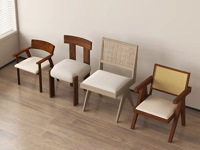 Modern Minimalist Dining Chairs with Wooden Frame Woven Backrest and Upholstered Seat in Light Room 3d model
