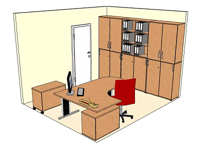 Modern Office Desk Setup With Red Chair Computer Monitor Phone And Wooden Cabinets 3d model