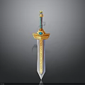 Ornate Decorative Sword Featuring Golden Hilt Blue Gemstone And Engraved Blade