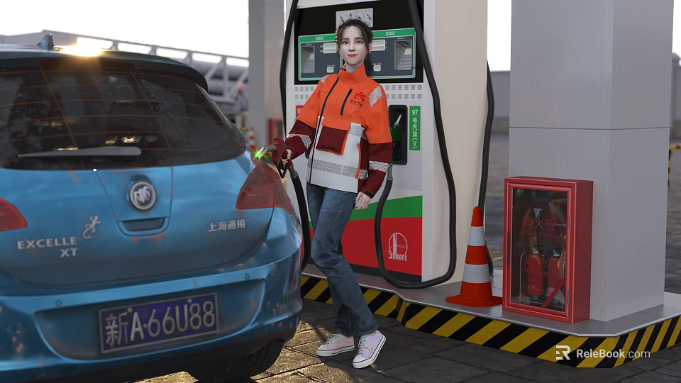 Woman in Orange Jacket Refueling Blue Car at Gas Station with Fuel Dispenser 3d model 