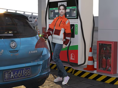 Woman in Orange Jacket Refueling Blue Car at Gas Station with Fuel Dispenser 3d model