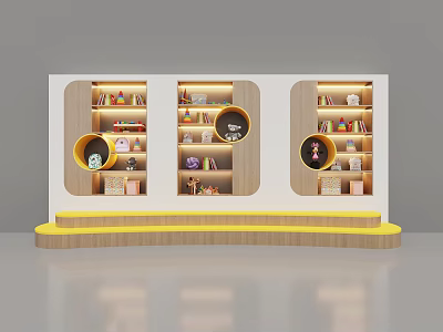 Modern Display Cabinet With Bookshelves Circular Areas Yellow Stepped Base And Items 3d model