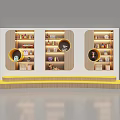 Modern Display Cabinet With Bookshelves Circular Areas Yellow Stepped Base And Items