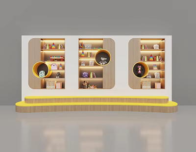 Modern Display Cabinet With Bookshelves Circular Areas Yellow Stepped Base And Items 3d model