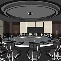 Modern Conference Room With Round Meeting Table Black Office Chairs And Water Bottles