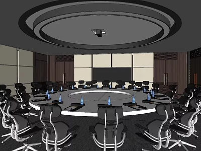 Modern Conference Room With Round Meeting Table Black Office Chairs And Water Bottles 3d model