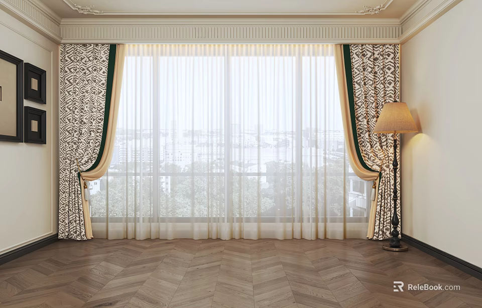 Elegant Floral Curtains With Green Trim Sheer Layer For Large Window In Wooden Floor Room 3d model 