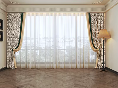 Elegant Floral Curtains With Green Trim Sheer Layer For Large Window In Wooden Floor Room 3d model