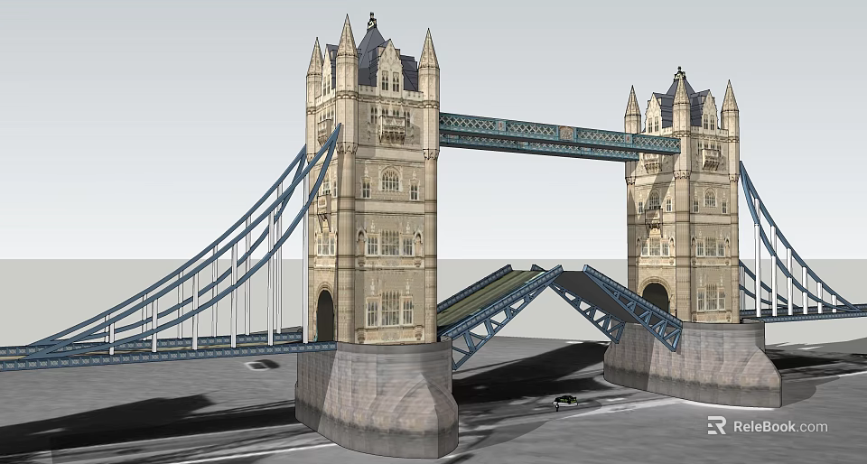 Iconic Tower Bridge With Gothic Towers Blue Suspension And Opening Section 3d model 