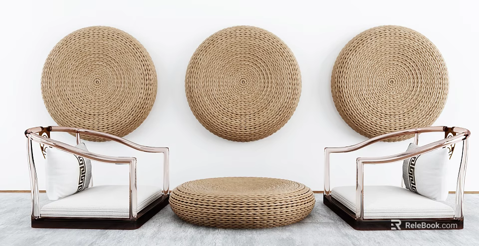 Three Rattan Wall Decor Round Stool And Armchairs In Room 3d model 