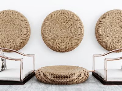 Three Rattan Wall Decor Round Stool And Armchairs In Room 3d model