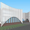 Modern Sales Office Building With Green Roof Irregular Geometric Facade And Glass Windows