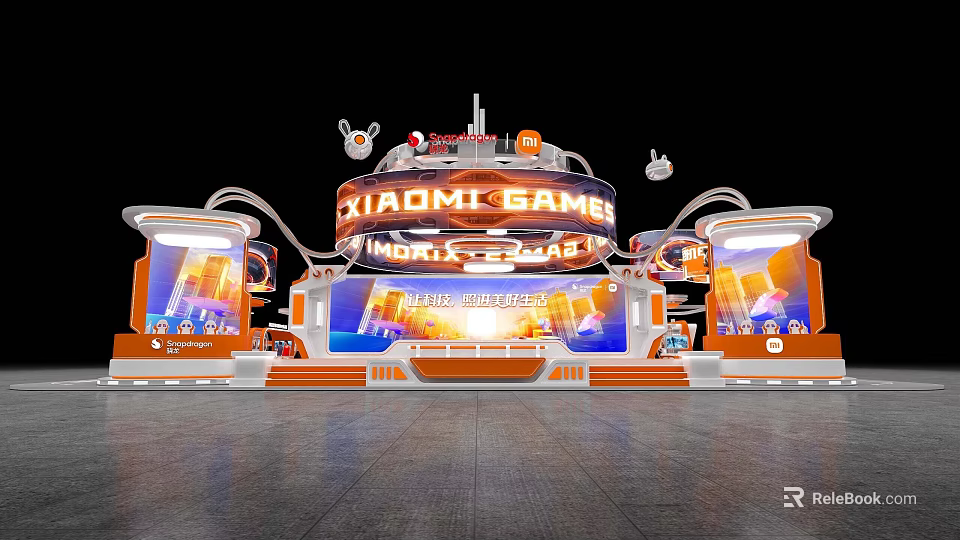 Chadmi Game World Expo Exhibition Booth With Orange White Design And Digital Display Screens 3d model 
