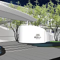 Modern White Building Exterior Wall With Curved Design Green Plants And Night Lighting