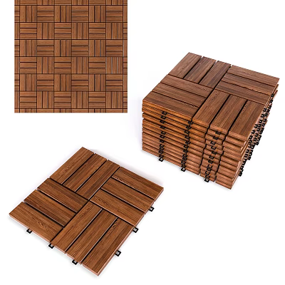 Interlocking Wooden Floor Tiles With Woven Pattern Design And Stackable Components 3d model