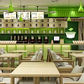 Modern Milk Tea Shop Interior With Green Decor And Wooden Tables Chairs