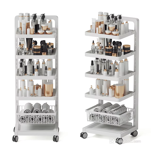 Bathroom Accessories White Multi tiered Storage Rack with Wheels Gold Bottles Toilet Paper Rolls 3d model 