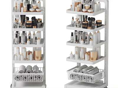 Bathroom Accessories White Multi tiered Storage Rack with Wheels Gold Bottles Toilet Paper Rolls 3d model