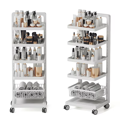 Bathroom Accessories White Multi tiered Storage Rack with Wheels Gold Bottles Toilet Paper Rolls 3d model