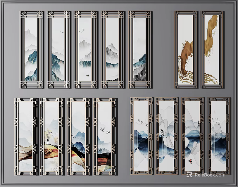 Elegant Modern Partitions Featuring Chinese Landscape Paintings And Metal Frames 3d model