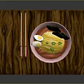 Ramen Bowl with Soft Boiled Egg Green Onions and Nori on Wooden Tray and Chopsticks