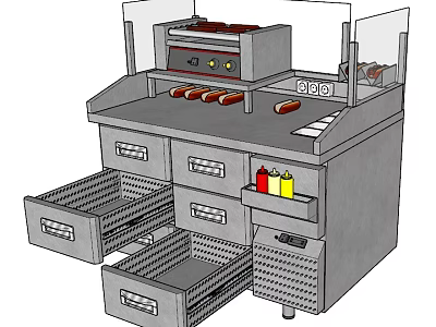 Commercial Kitchen Workstation With Open Drawers Condiment Bottles And Hot Dogs 3d model