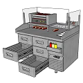 Commercial Kitchen Workstation With Open Drawers Condiment Bottles And Hot Dogs