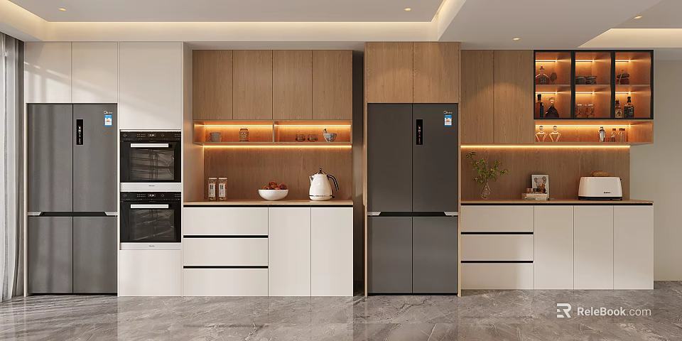 Elegant Modern Kitchen Wine Cabinet With Wooden Cabinets Lighting And Countertop 3d model 