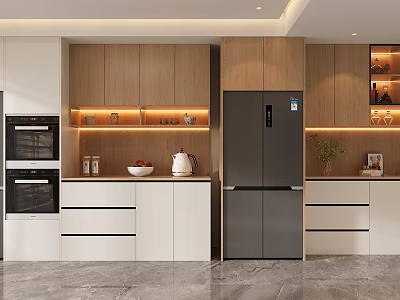 Elegant Modern Kitchen Wine Cabinet With Wooden Cabinets Lighting And Countertop 3d model