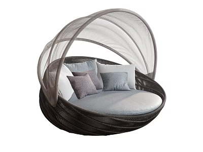 Round Double Bed With Mesh Canopy Light Blue Gray Purple Pillows And Dark Frame 3d model