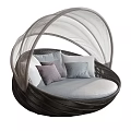 Round Double Bed With Mesh Canopy Light Blue Gray Purple Pillows And Dark Frame