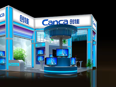 Canca Modern Exhibition Booth With Blue White Design Multiple Digital Screens And Green Plants 3d model