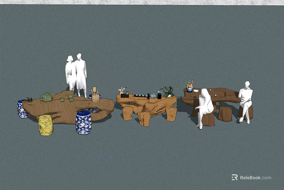 Elegant Root Carving Tea Table With Tea Sets And Seated Figures 3d model