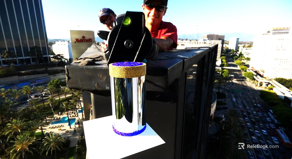 Silver Metal Cup With Purple Rim And Gold Decoration On White Platform Rooftop City View 3d model 