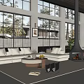 Modern Living Dining Room Interior With Large Windows Sofa Fireplace And Plants