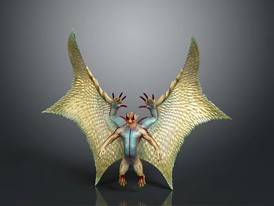 Fantasy Mythical Creature Character With Large Golden Green Wings Clawed Limbs And Blue Body 3d model