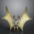 Fantasy Mythical Creature Character With Large Golden Green Wings Clawed Limbs And Blue Body